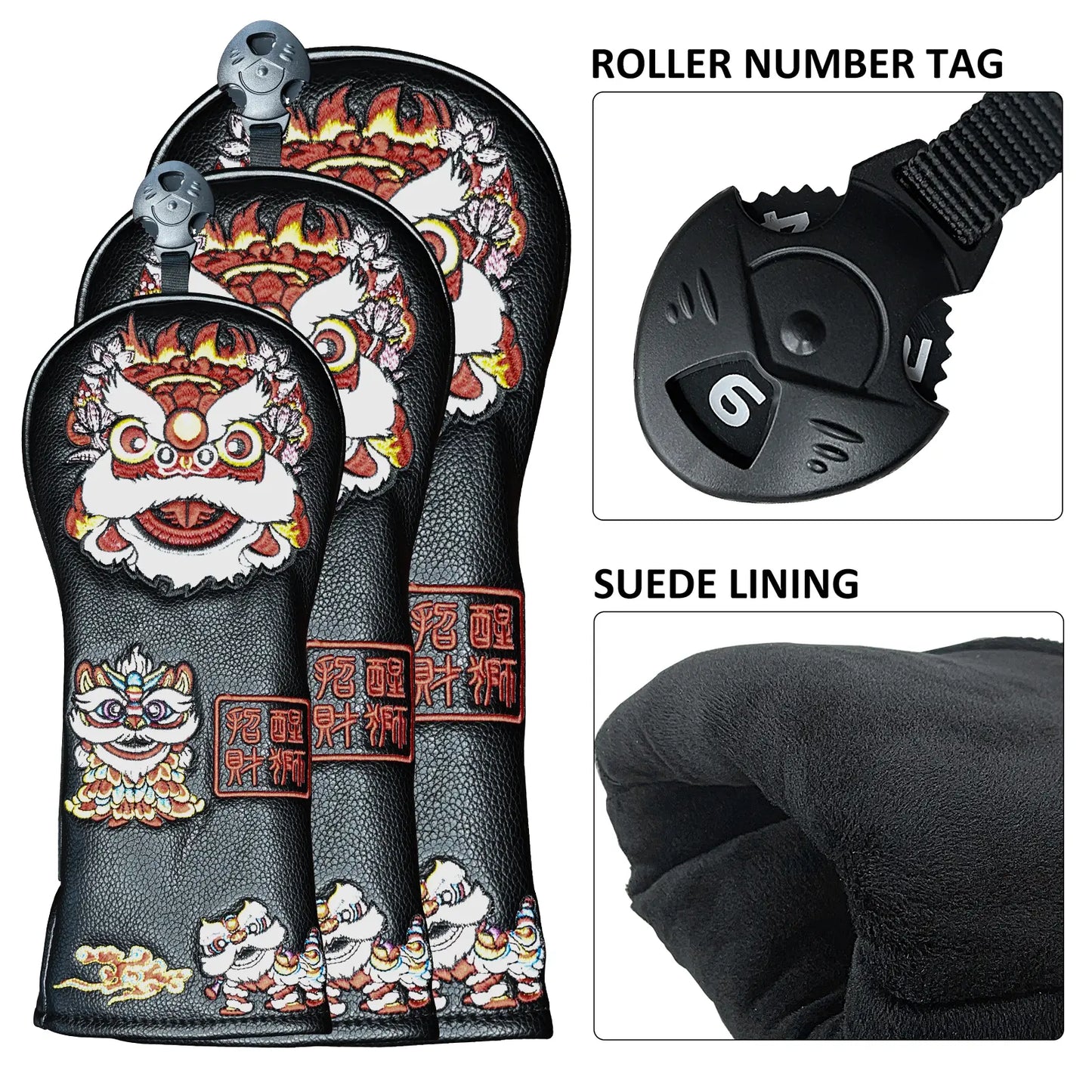 Yamato Golf Club Head Covers – Black Dura-Leather with Lion Embroidery