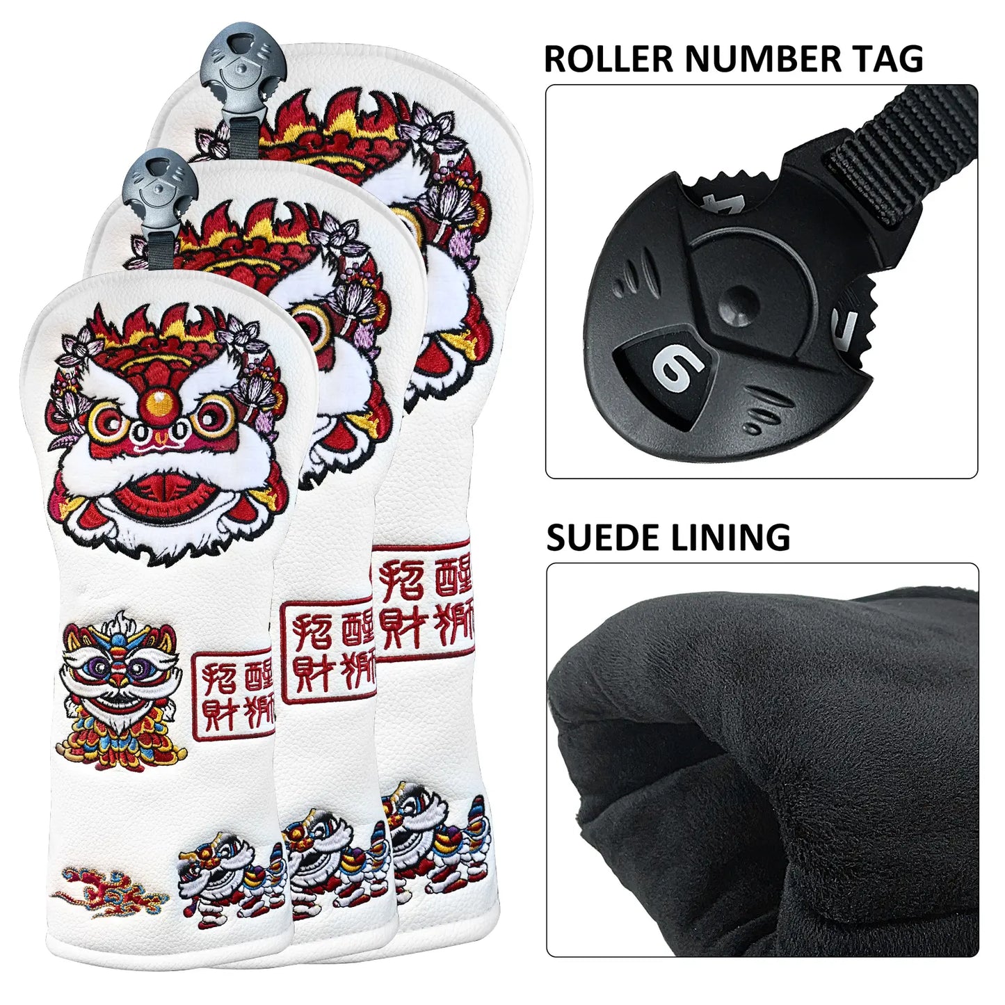 Yamato Golf Club Head Covers – White Dura-Leather with Lion Embroidery