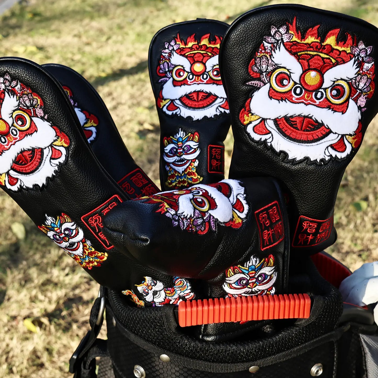 Yamato Golf Club Head Covers – Black Dura-Leather with Lion Embroidery