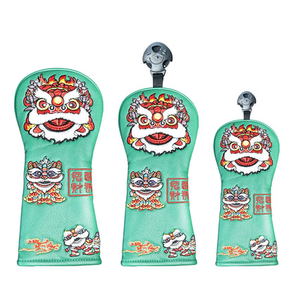 Yamato Golf Club Head Covers – Green Dura-Leather with Lion Embroidery