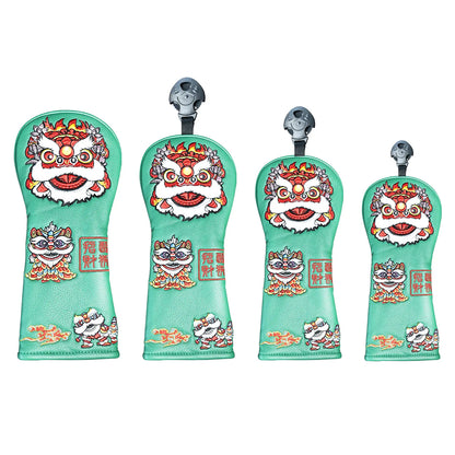 Yamato Golf Club Head Covers – Green Dura-Leather with Lion Embroidery