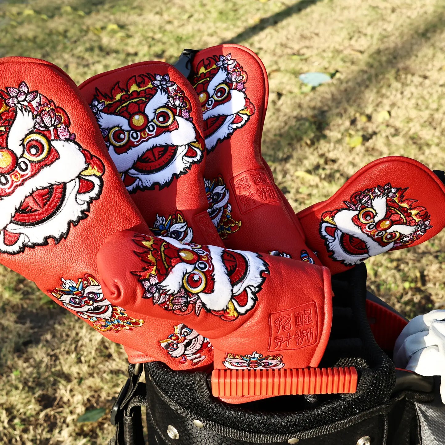 Yamato Golf Club Head Covers – Red Dura-Leather with Lion Embroidery