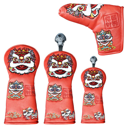 Yamato Golf Club Head Covers – Red Dura-Leather with Lion Embroidery
