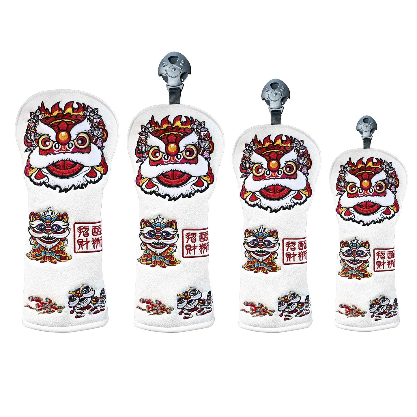 Yamato Golf Club Head Covers – White Dura-Leather with Lion Embroidery