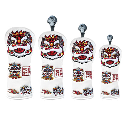 Yamato Golf Club Head Covers – White Dura-Leather with Lion Embroidery