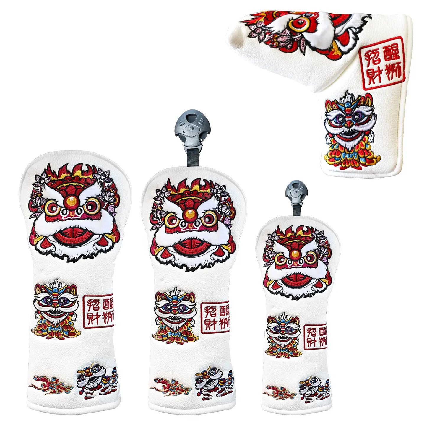 Yamato Golf Club Head Covers – White Dura-Leather with Lion Embroidery
