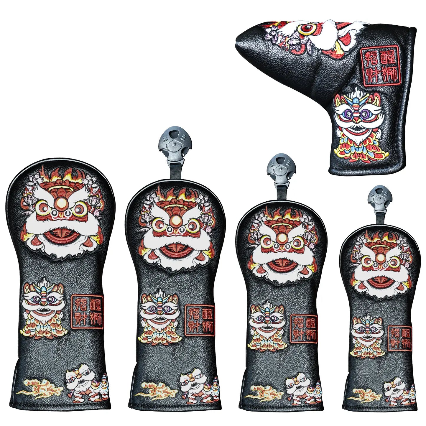 Yamato Golf Club Head Covers – Black Dura-Leather with Lion Embroidery
