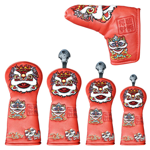 Yamato Golf Club Head Covers – Red Dura-Leather with Lion Embroidery