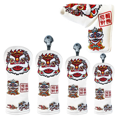 Yamato Golf Club Head Covers – White Dura-Leather with Lion Embroidery